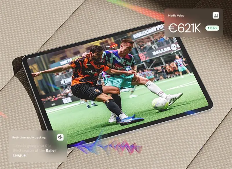 Tablet showing Ballear League players and arena with audio tracking and €621K value.
