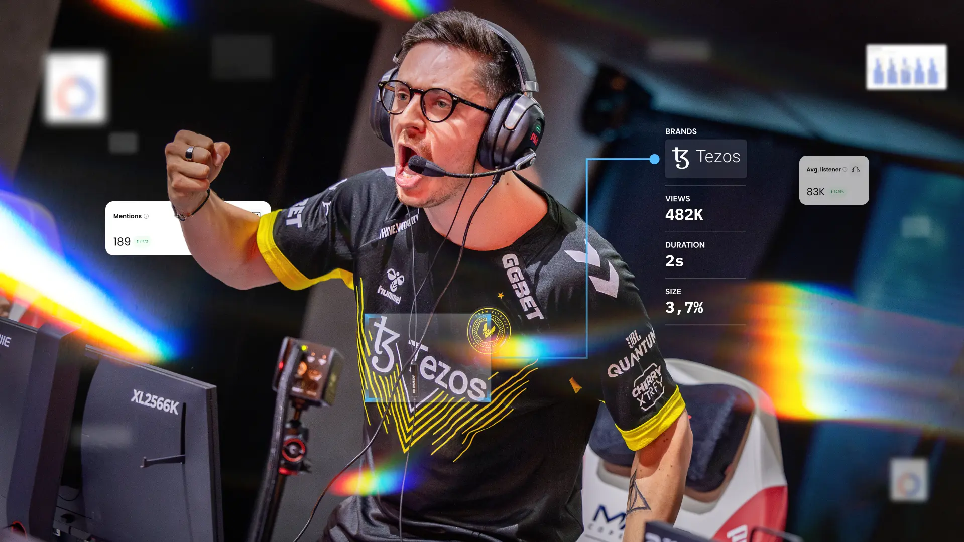 Esports player celebrating during a match with AI-generated metrics overlaying brand exposure, illustrating how real-time analytics improves sponsorship ROI.