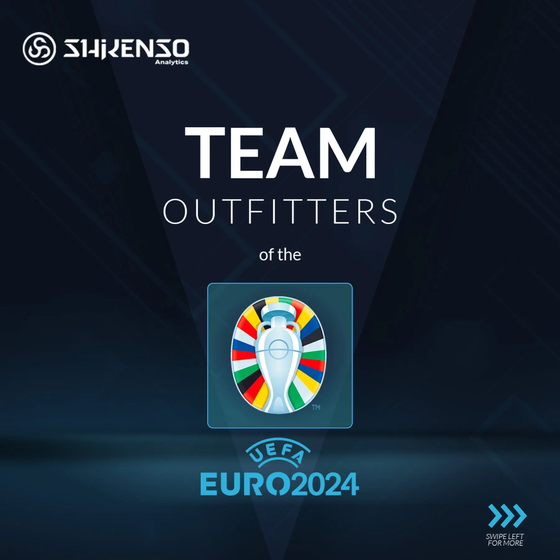 Shikenso Analytics graphic announcing Team Outfitters of UEFA Euro 2024, featuring the tournament’s colorful trophy logo on a dark geometric background.