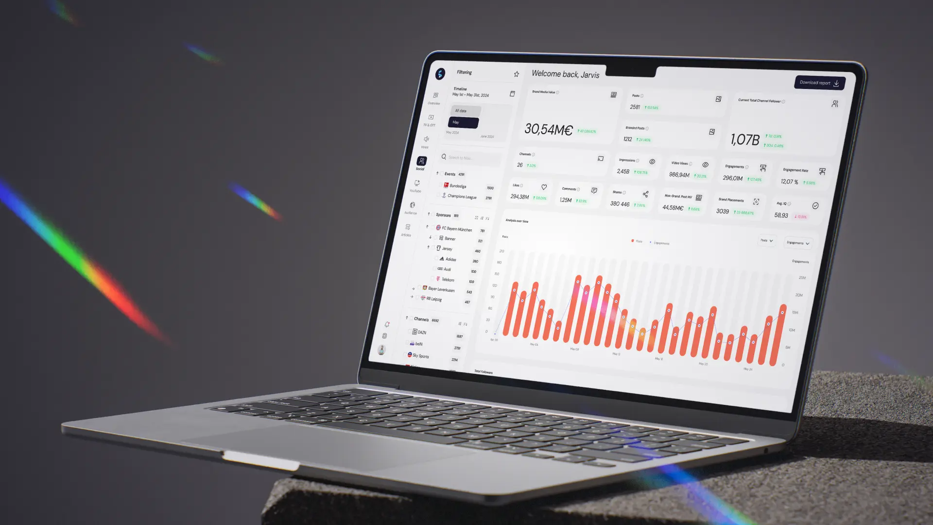 Laptop displaying Shikenso sponsorship analytics dashboard with real-time metrics, charts, and ROI data for brand exposure measurement in 2026